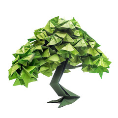 Profile view of an origami tree made of green handmade paper isolated on a white transparent background