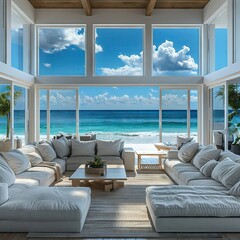 Luxuriously designed living room with a serene ocean view through floor-to-ceiling windows