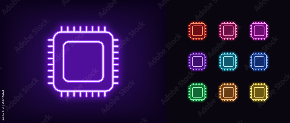 Poster outline neon microchip icon set. glowing neon computing processor with connections. computer cpu, sm