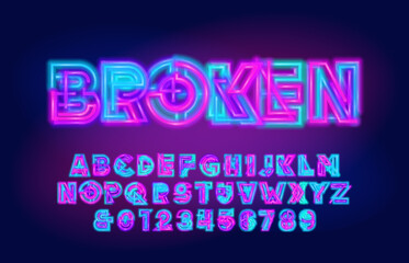 Broken alphabet font. Abstract neon colorful letters and numbers. Stock vector typescript for your design.