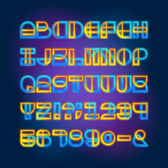 Abstract geometric alphabet font. Neon colorful letters and numbers. Stock vector typescript for your design.
