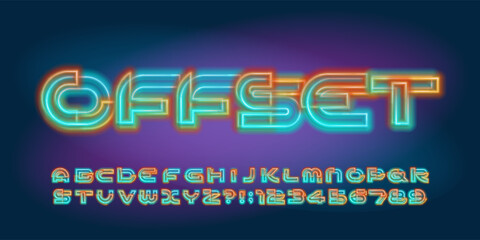 Offset neon alphabet font. Neon colorful letters and numbers. Stock vector typeface for your design.