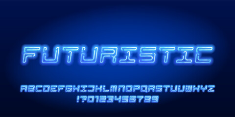 Futuristic alphabet font. Blue neon color letters and numbers. Stock vector typescript for your design.