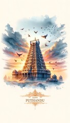Watercolor illustration for tamil new year with symbols.