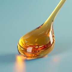 Golden honey droplet in high detail against a soft blue background, 3D rendered