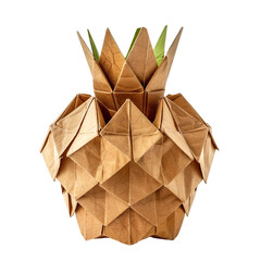 Profile view of an origami flower pot made of brown handmade paper isolated on a white transparent background