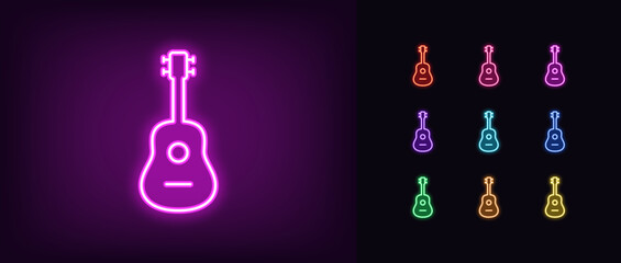 Outline neon guitar icon set. Glowing neon acoustic guitar sign and ukulele silhouette. Guitar live music and performance, guitar play party, musical festival, acoustic music instrument. Vector icons