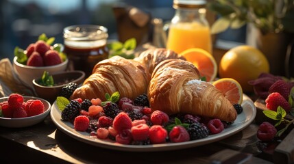 breakfast with croissant and berries