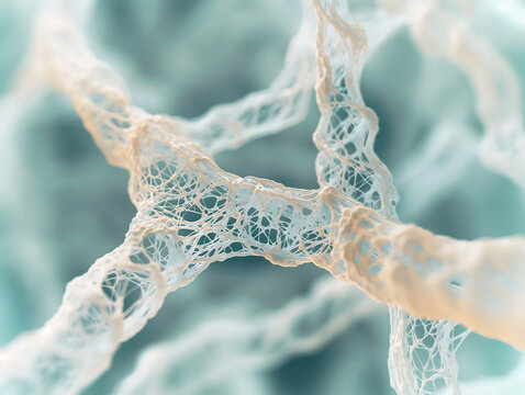 A simulation image of collagen a delicate, fibrous structure resembling biological tissue from a microscope.