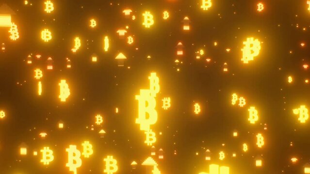 Rising bitcoin btc logos and golden arrows pump upward market rally 4k motion backgrounds.