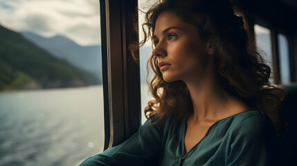 attractive young woman looking out of the window of the car at the sea