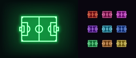 Outline neon football pitch icon set. Glowing neon soccer field scheme with line marking. Football stadium and soccer arena, sport court and playground, football game, training play yard. Vector icons © Дмитрий Майер