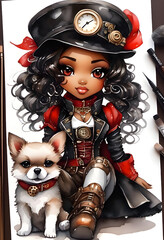Steampunk girl watercolor art dog 