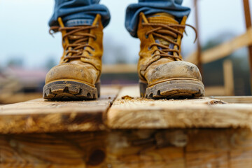 A close-up shot of a construction workers boots, standing on a wooden plank.