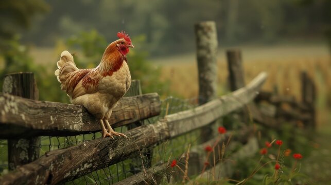 A picture of a chicken near a fence in a rural setting.
