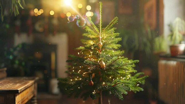a small and beautiful Christmas tree that is installed at home to welcome the New Year. seamless looping time-lapse virtual 4k  video Animation Background.