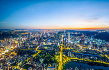 Panorama of modern buildings skyline in Shenzhen at dusk