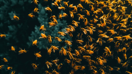 A swarm of bees buzzes in a dynamic, dense cluster.
