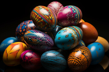 Fototapeta na wymiar Eggs painted for Easter On a black background.