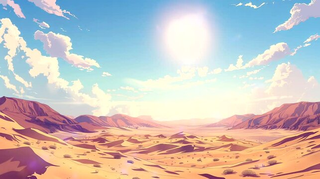 Desert Under a Blazing Sun. Fantasy landscape anime or cartoon style, looping 4k video animation background