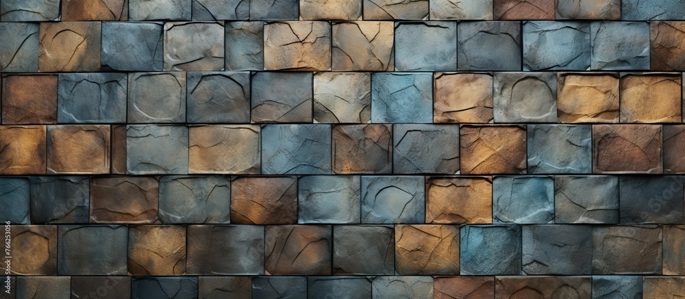 Poster a detailed shot of a facade made of rectangular wooden squares. the building material creates a uniq