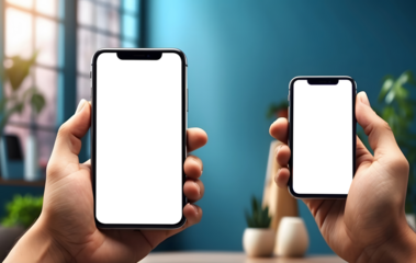 A Hand holding smartphone with Blank transparent screen and blurry background