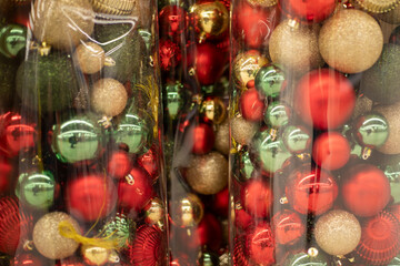 New Year's balls. Decorations for the holiday. Lots of glass balls.