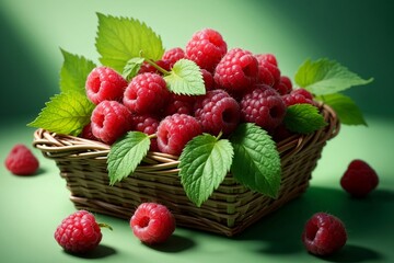 fresh raspberries in basket isolated on green background