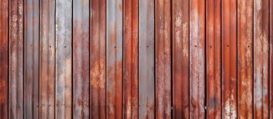 Fototapeta premium A closeup of a weathered hardwood fence with peeling peachcolored paint, set against a backdrop of lush grass. The pattern of the peeling paint creates an interesting texture