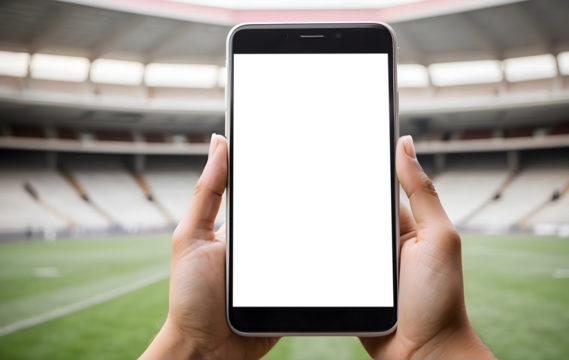 Hand holding a smartphone with a Blank screen with a stadium in the background, Mockup Concept, Transparent Background