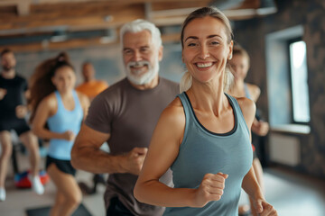 A group of people are running in a gym, with a man and woman smiling. Scene is energetic and positive, as the people are enjoying their workout and each other's company