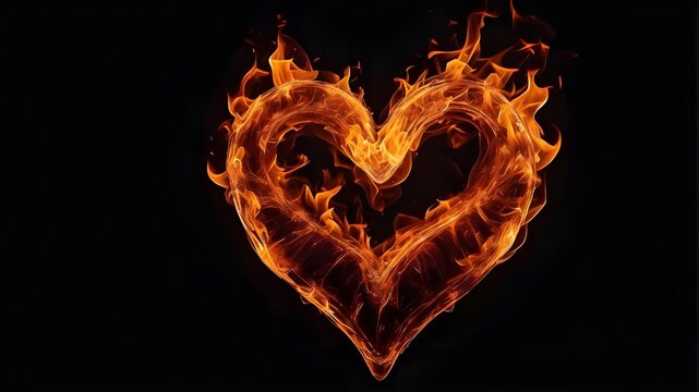 Heart-shaped fire flame isolated on a dark background.