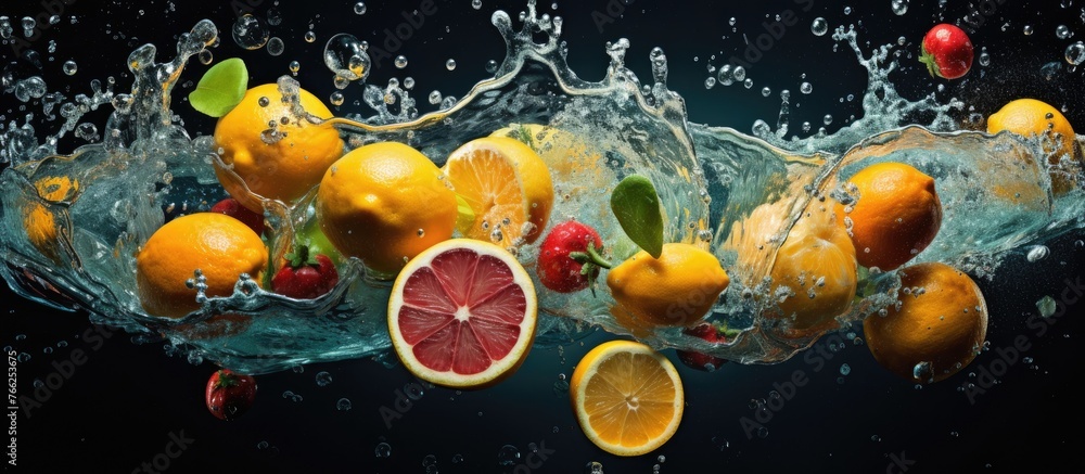 Poster various fruits cascading into a splash of water, creating a mesmerizing display of colors and textur