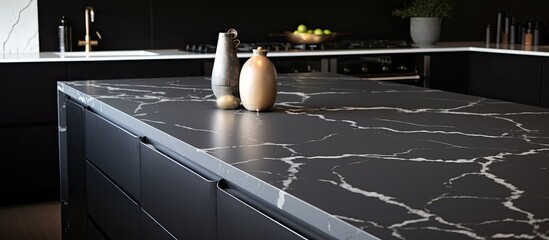 A kitchen with a marble counter top and black cabinets, resembling a bowling alley with its sleek...