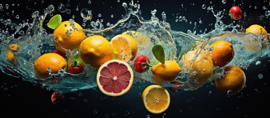 Various fruits cascading into a splash of water, creating a mesmerizing display of colors and...