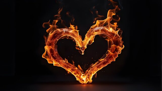 Heart-shaped fire flame isolated on a dark background.