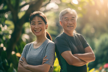 Obraz premium A Asian man and a woman are smiling at the camera. The man is wearing a black shirt and the woman is wearing a gray shirt. They are standing in a park with trees in the background