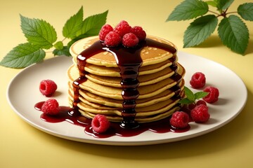 fried pancakes with raspberry jam in a plate isolated on a yellow background