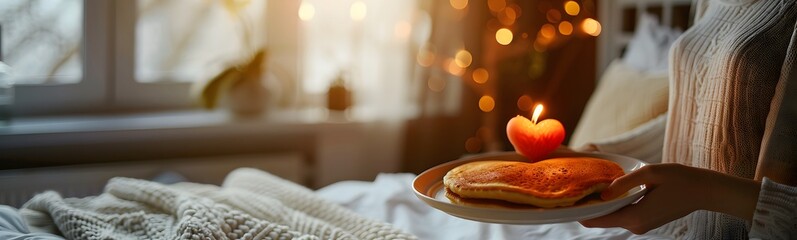 A gentle hand presents a plate with a heart-shaped pancake and lit candle, conveying warmth and comfort on a chilly morning. - obrazy, fototapety, plakaty