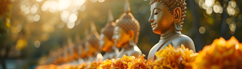 A serene alignment of Buddha statues adorned with vibrant marigold flowers, bathed in warm sunlight. - obrazy, fototapety, plakaty