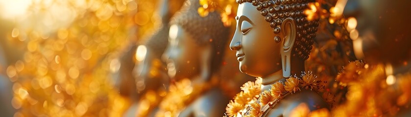 Bathed in warm sunlight, a serene alignment of Buddha statues is adorned with vibrant marigold flowers. - obrazy, fototapety, plakaty