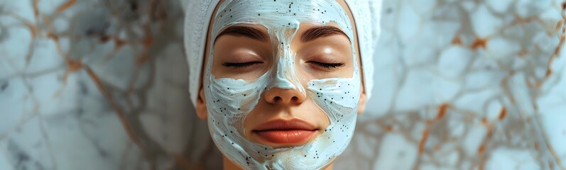 In a serene spa setting, a woman with a towel on her head enjoys the benefits of a creamy facial mask, immersing herself in a peaceful and rejuvenating experience. - obrazy, fototapety, plakaty