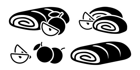 Strudel or apple roll icon, black silhouette on white. Whole uncut roll cake and sliced pieces. Vector stencil clipart, minimalist design sign or logo, illustration of bakery and traditional dessert.