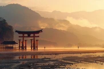 Afwasbaar fotobehang A beautiful landscape photo of the Torii gate at its base on an island surrounded by water with mountains behind it and an orange sky © Kien