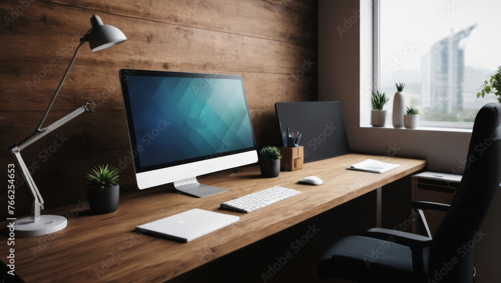 Wall mural laptop on a desk in a modern office with city view