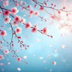 Gałązka kwitnącej wiśni na błękitnym tle nieba, dekoracja tapeta generative ai