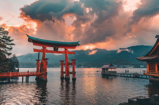 A beautiful landscape photo of the Torii gate at its base on an island surrounded by water with mountains behind it and an orange sky