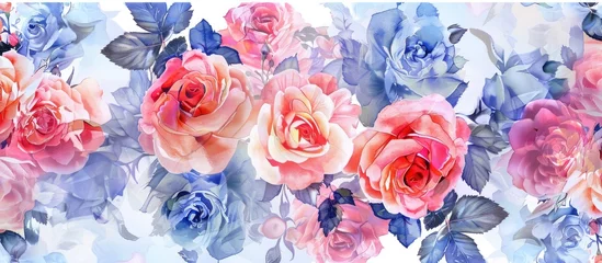 Fotobehang A creative arts piece featuring a bunch of pink and blue roses on a white background, showcasing the beauty of flowering plants and the delicate petals of the rose © 2rogan