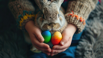 Close up little child girl holding her friend little rabbit with Easter eggs, generative ai - obrazy, fototapety, plakaty