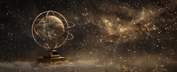 Vintage Armillary Sphere Against Sepia-Toned Starry Sky